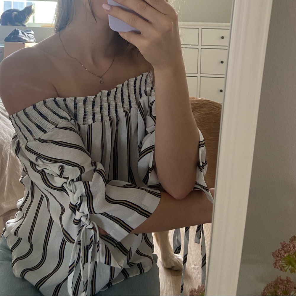 Black & White Off-The-Shoulder Blouse with Tied Sleeve Details